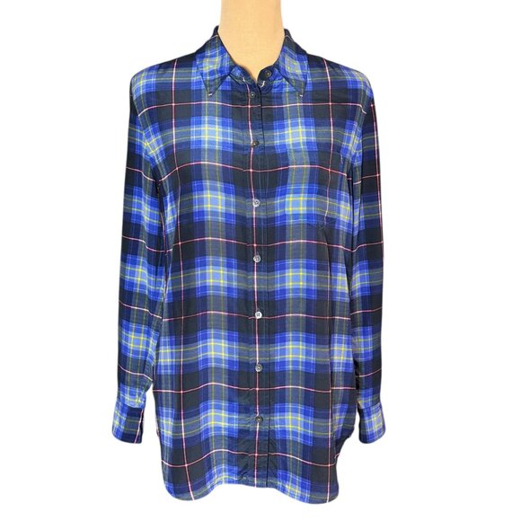 Equipment 100% Silk Plaid Shirt SZ XS Blue Oversized Preppy Academia Grunge - Picture 2 of 12